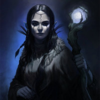 Эльфийка с чёрными волосами с магическим посохом в руке