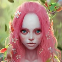 Эльфийка с розовыми волосами и большими глазами