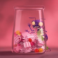Муравей с высунутым языком смотрит на конфеты в стеклянной банке
