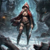 Девушка в красном капюшоне с мечами и огромными волками