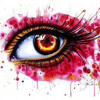 Женский глаз в пятнах красной краски
