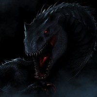 Огромный хищный динозавр со светящимися красными глазами в темноте