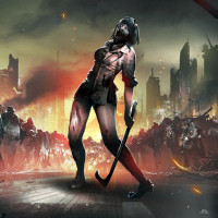 Женщина-зомби вооружённая палкой идёт на фоне постапокалиптического города