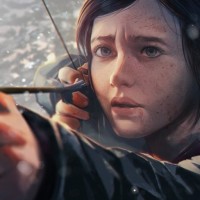 Элли из первой части The Last of Us с грустным лицом стреляет из лука