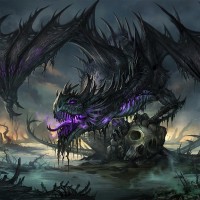 Светящийся изнутри дракон сидит на большом черепе посреди болота