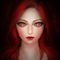 Девушка с красными волосами и большими красными глазами.