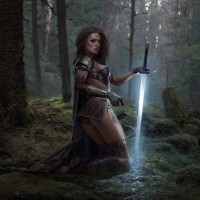 Девушка со светящимся мечом стоит на коленях в лесу