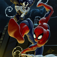 Веном гонится за Человеком-пауком ночью на фоне небоскрёбов.