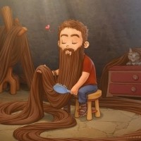Мужчина расчёсывает свою очень длинную бороду, лежащую по всей комнате