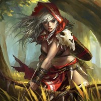 Охотница с белыми волосами под красным капюшоном держит в руках лук