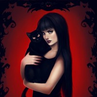 Девушка с длинными чёрными волосами и чёрной кошкой.