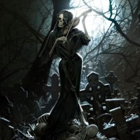 Смерть играет на скрипке на кладбище заваленном костями.