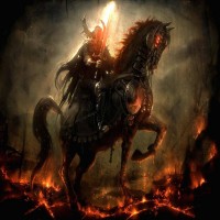Всадник с мечом на большом коне с шестью горящими глазами