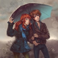 Позитивный парень с рыжей девушкой идут под зонтом