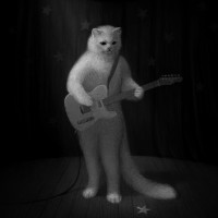 Белый кот стоит на задних лапах на сцене с гитарой