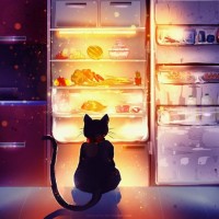 Кот ночью сидит перед открытым холодильником с едой.
