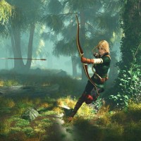 Девушка в лесу стреляет из лука во время бега.
