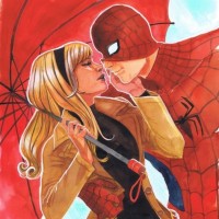 Человек-паук обнимает Фелицию Харди под красным зонтом
