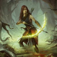 Эльфийка со светящимся луком в руках стоит в лесу, кишащим змеями
