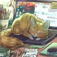 Нарисованный рыжий кот спит на клавиатуре ноутбука