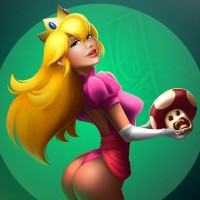 Принцесса из игры Марио со скалящимся грибом в руках