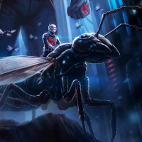 Человек-муравей верхом на муравье с крыльями на фоне других летящих насекомых
