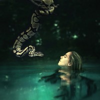 Змея свисает рядом с плывущей в воде девушкой.
