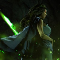 Девушка со светящимся зелёным цветом мечом.