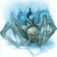 Воин со светящимися глазами едет по снегу верхом на огромном пауке