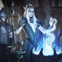 Тёмная эльфийка проводит магический ритуал у чана со светящейся жидкостью
