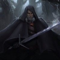 Ведьмак Геральт с серебряным мечом идёт по тёмному лесу.