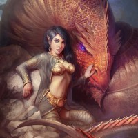 Эльфийка в золотом лифчике рядом с головой красного дракона.