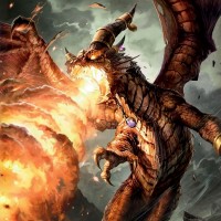 Летящий дракон извергает смертоносный огонь из пасти.