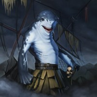 Антропоморфная акула-мутант с черепом в руке на фоне разбитого корабля