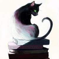 Кошка с зелёными глазами сидит на стопке книг.