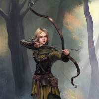 Девушка в кожаной броне стреляет из лука по деревьям в лесу.