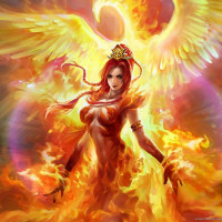 Девушка в огненной одежде стоит на фоне расправившего крылья феникса