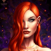 Девушка с яркими рыжими волосами, которые закрывают большую часть лица