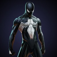 Человек-паук в чёрном костюме с большим белым пауком на груди.