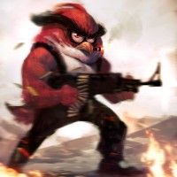 Красная птица из игры Angry birds стреляет из пулемёта