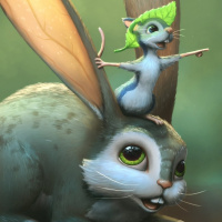 Мелкий грызун на голове кролика с крайне длинными ушами