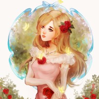 Нарисованная блондинка в розовом платье с красными розами в волосах