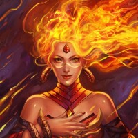 Lina с огненными волосами со значком игры Dota 2 на поясе