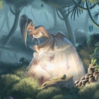 Девушка в лесу в белом платье, под которым заперты пленники.