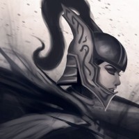 Блеклая картинка с Phantom Assassin из игры Дота 2 в профиль с закрытыми глазами