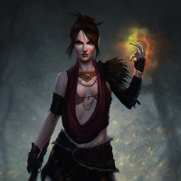 Ведьма Морриган из игры Dragon Age освещает мрачный лес магией