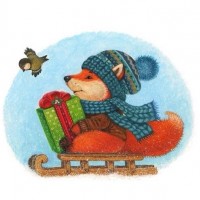 Лиса в зимней одежде катится на санках с подарком в лапках.