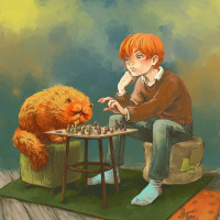 Рыжий паренёк Рон Уизли играет в шахматы с рыжим котом.
