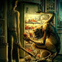Мужчина с битой по среди ночи смотрит как монстр жрёт его еду из холодильника