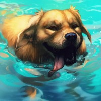 Нарисованная собака плывёт с высунутым языком